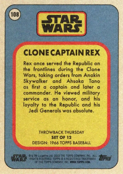 Vintage trading card of Clone Captain Rex from Star Wars, inspired by Topps Baseball