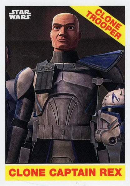Stern Clone Trooper in gray armor with blue pauldrons for Star Wars Topps Baseball card