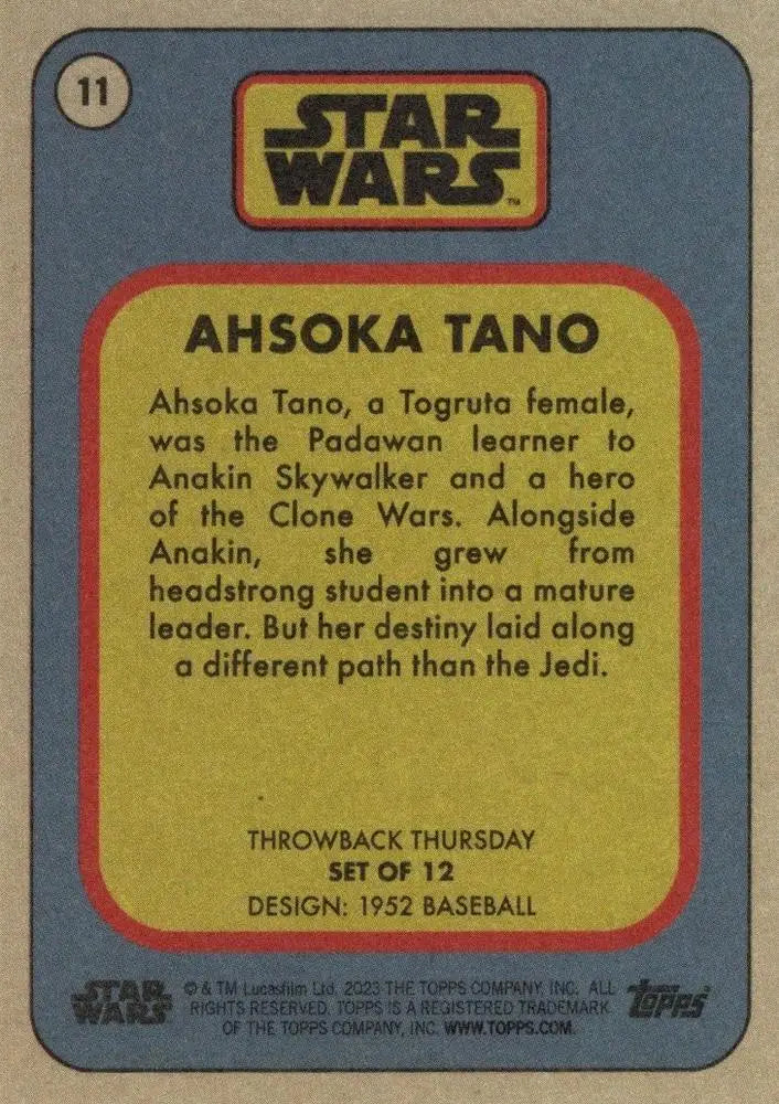Star Wars trading card featuring Ahsoka Tano from the 2023 Throwback Thursday series