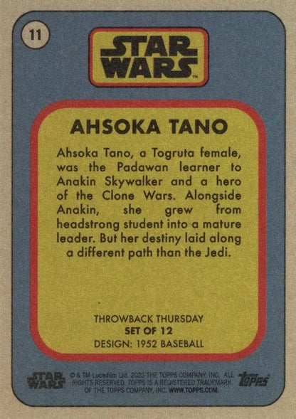 Star Wars trading card featuring Ahsoka Tano from the 2023 Throwback Thursday series