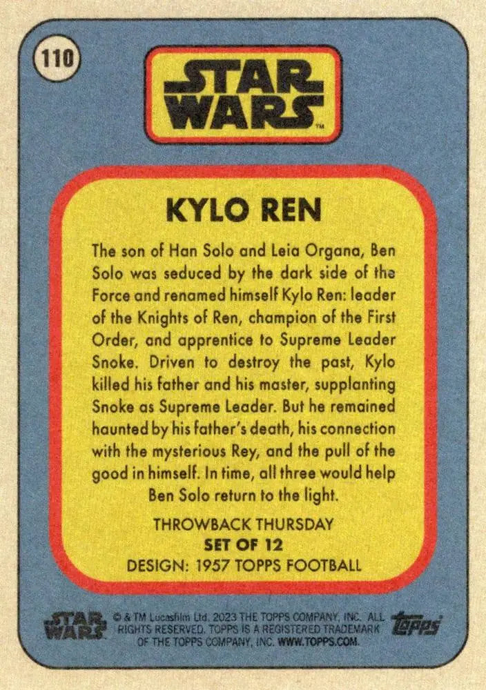 Trading card of Kylo Ren from Star Wars in 1957 Topps Football style