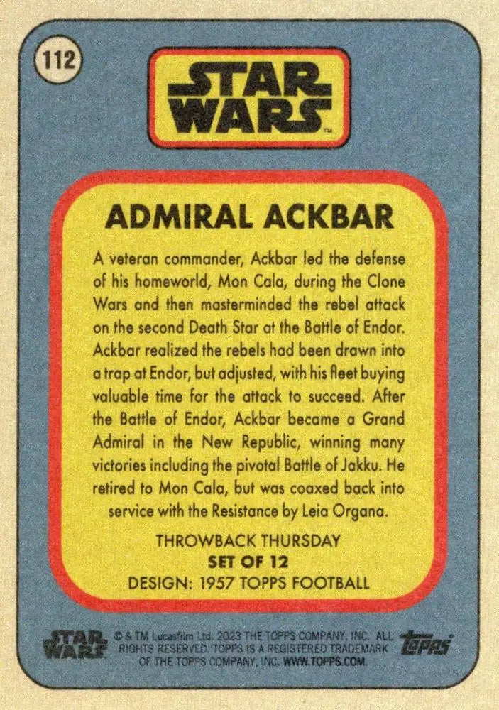 Vintage Star Wars trading card of Admiral Ackbar from Topps Football 1957