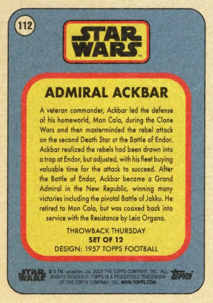 Vintage Star Wars trading card of Admiral Ackbar from Topps Football 1957