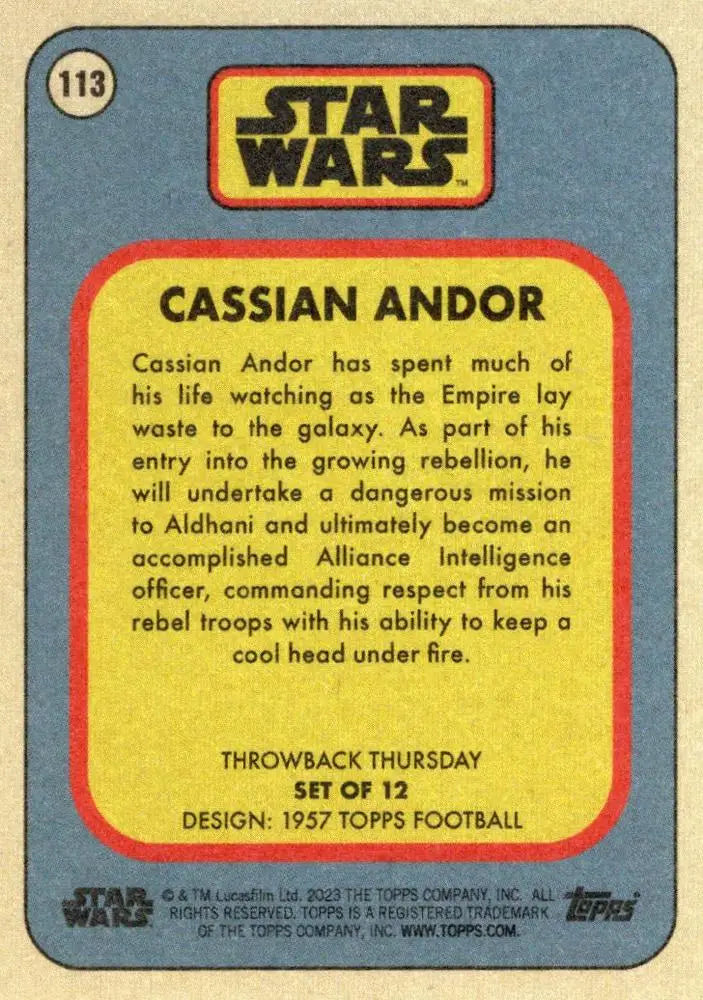Trading card of Cassian Andor from Star Wars in 1957 Topps Football design