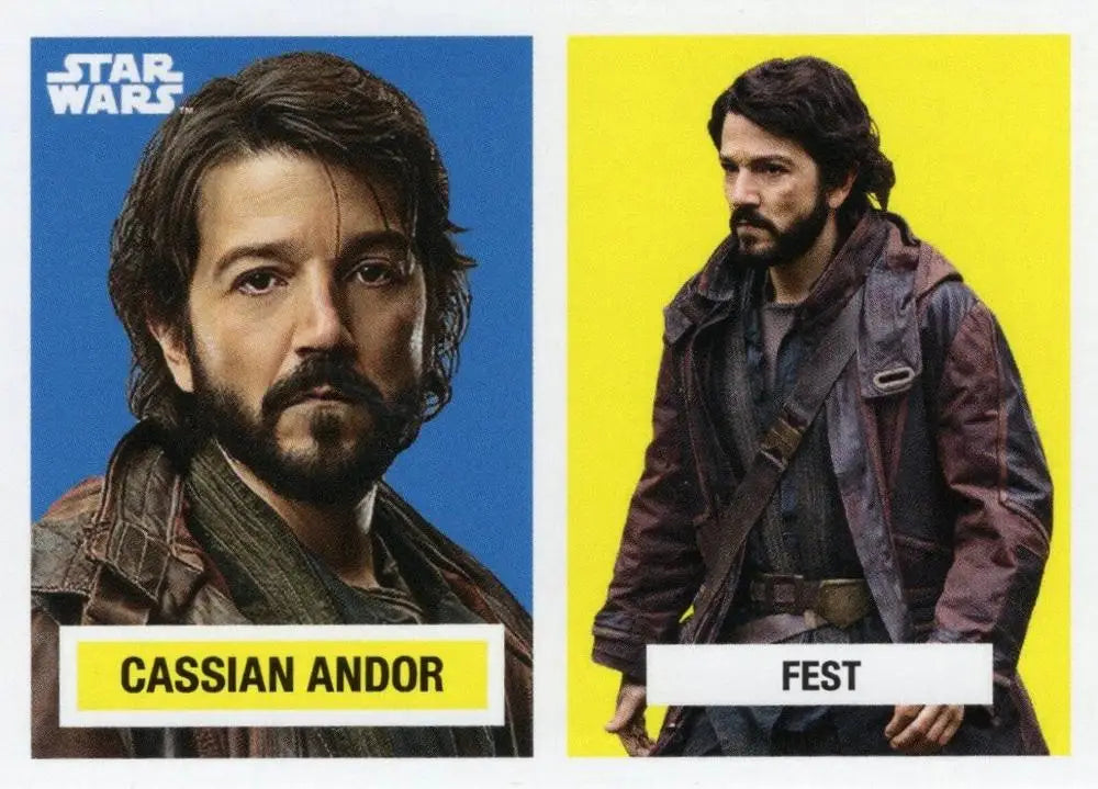 Side-by-side comparison of men with beards in dark jackets for Star Wars trading cards