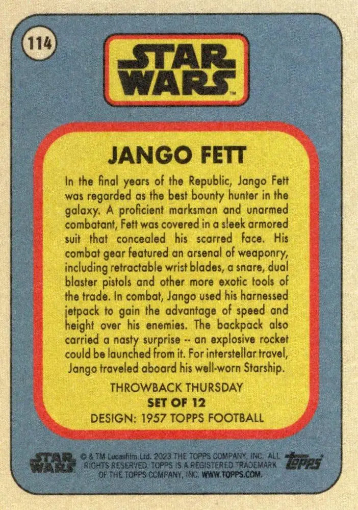 Trading card of Jango Fett from Star Wars in Topps Football Throwback Thursday 2023