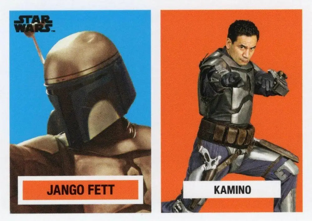 Star Wars trading cards featuring Jango Fett and Kamino in 1957 Topps Football style