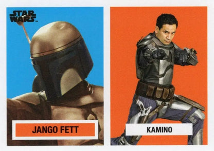 Star Wars trading cards featuring Jango Fett and Kamino in 1957 Topps Football style