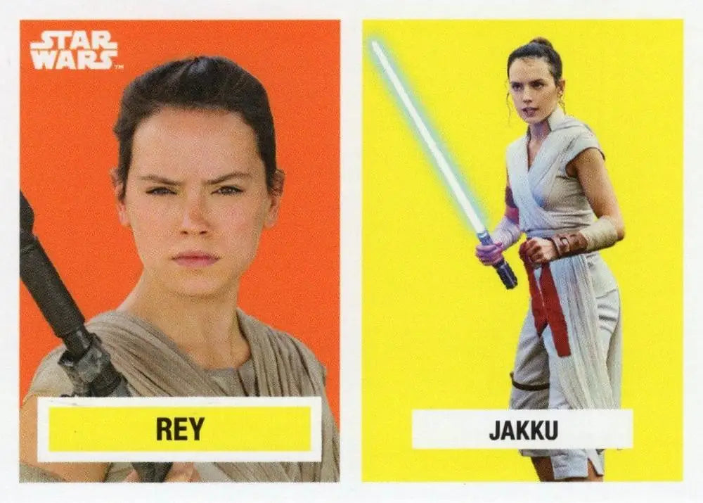 Two side-by-side trading cards of Rey from Star Wars in dynamic poses, Topps Football design