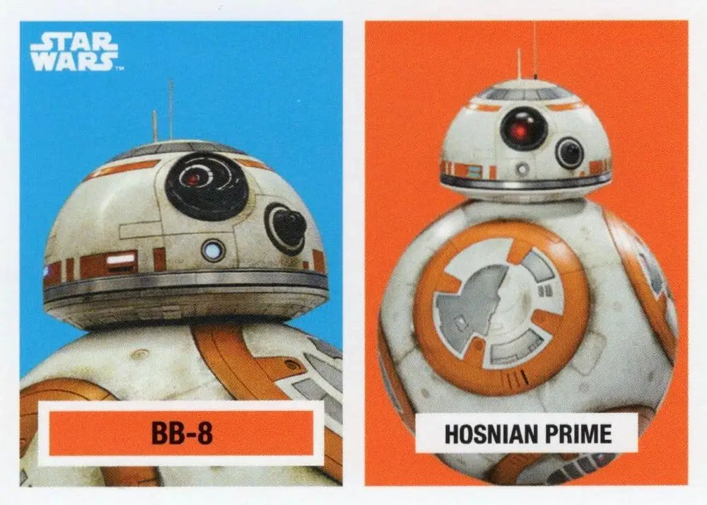 BB-8 and Hosnian Prime droids on blue and orange backgrounds for Star Wars trading cards