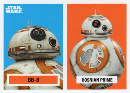 BB-8 and Hosnian Prime droids on blue and orange backgrounds for Star Wars trading cards