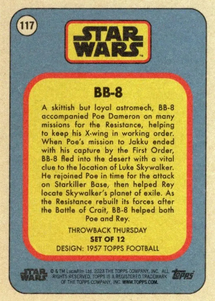 Vintage Star Wars trading card BB-8 from Topps Football Throwback Thursday 2023