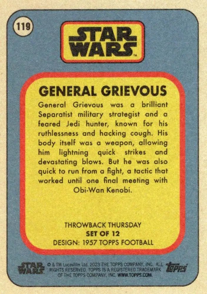 Trading card of General Grievous from Star Wars in Topps Football 1957 design