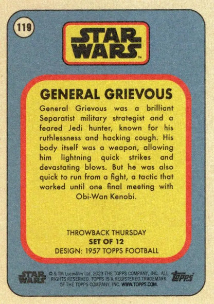 Trading card of General Grievous from Star Wars in Topps Football 1957 design