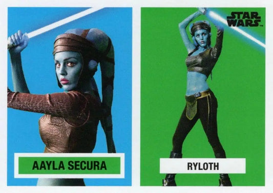 Star Wars Trading Card of Aayla Secura and Ryloth in blue and green panels