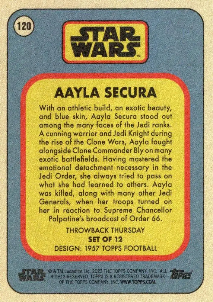 Vintage Star Wars trading card of Aayla Secura from 1957 Topps Football series