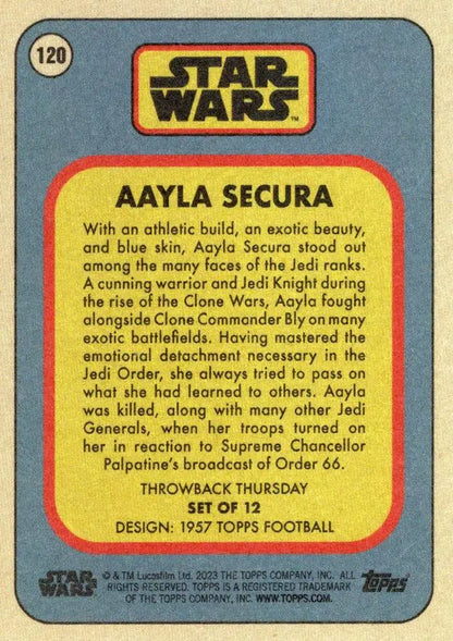 Vintage Star Wars trading card of Aayla Secura from 1957 Topps Football series