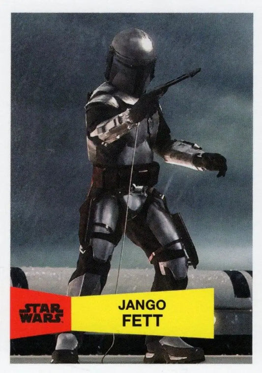 Armored bounty hunter Jango Fett with blaster rifle on Star Wars trading card art