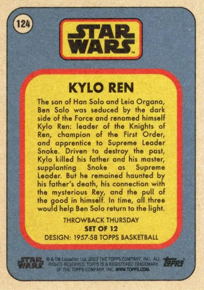 Star Wars Throwback Thursday 2023 Card #124 Kylo Ren 1957-58 Topps Basketball - Non-Sports Card Single