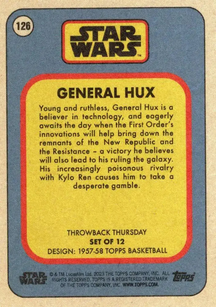 Star Wars Throwback Thursday 2023 Card #126 General Hux 1957-58 Topps Basketball - Non-Sports Card Single