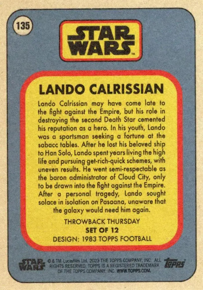 Star Wars Throwback Thursday 2023 Card #135 Lando Calrissian 1983 Topps Football - Football Card Single