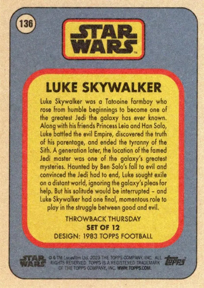 Vintage Star Wars trading card of Luke Skywalker from 1983 Topps Football collection