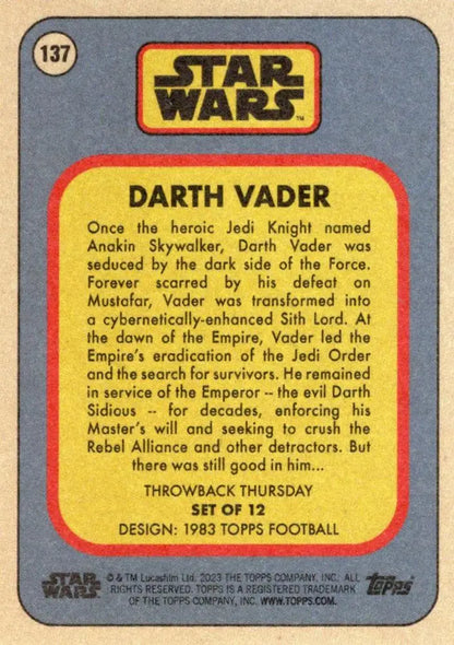 Vintage Star Wars trading card featuring Darth Vader from 1983 Topps Football collection