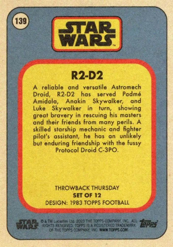 Vintage Star Wars trading card of R2-D2 from 1983 Topps Football collection