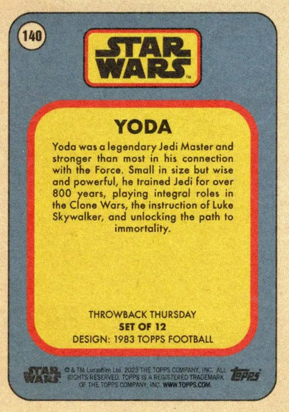 Trading card featuring Yoda from Star Wars in Topps Football Throwback Thursday 2023