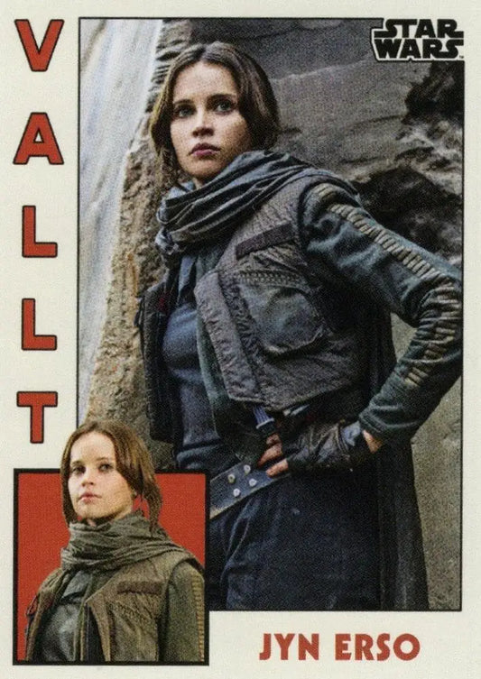 Star Wars trading card featuring Jyn Erso in a military jacket and scarf