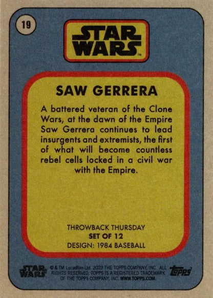 Star Wars trading card of Saw Gerrera from Throwback Thursday 2023 baseball collection