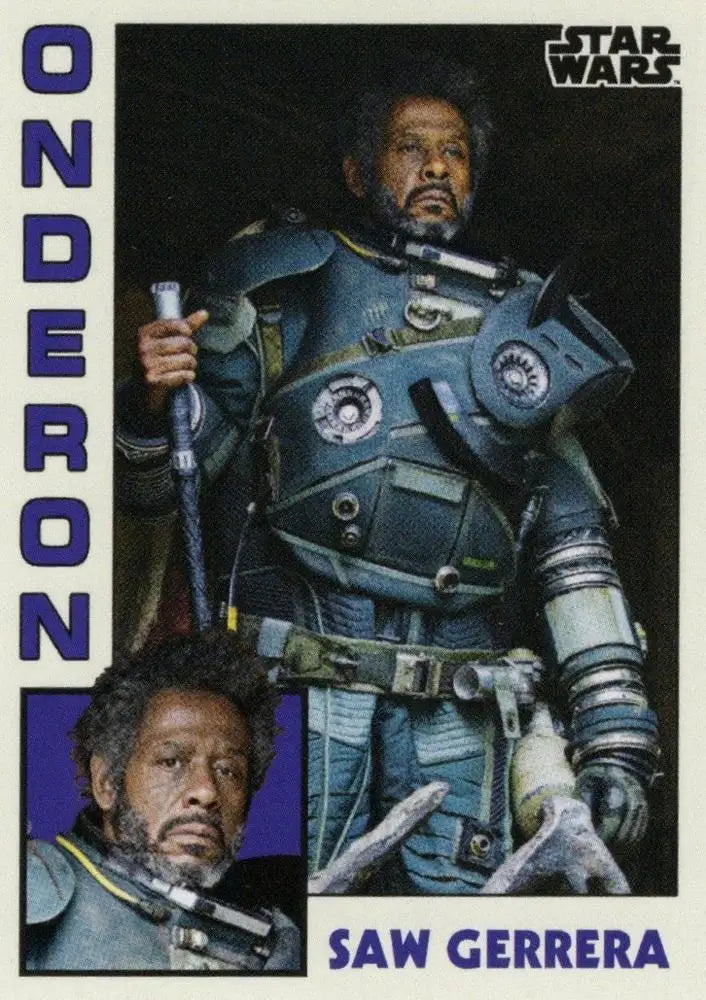 Star Wars trading card of Saw Gerrera in armor from 1984 baseball card series