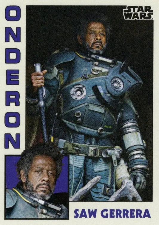 Star Wars trading card of Saw Gerrera in armor from 1984 baseball card series