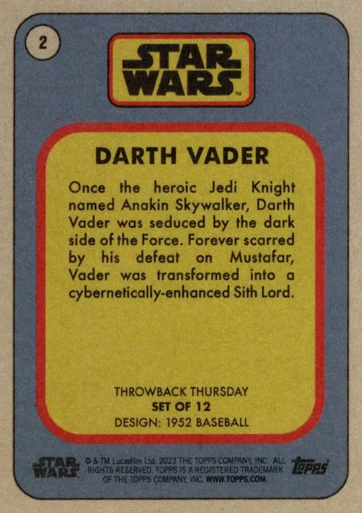 Star Wars Trading Card featuring Darth Vader from the 2023 Throwback Thursday series