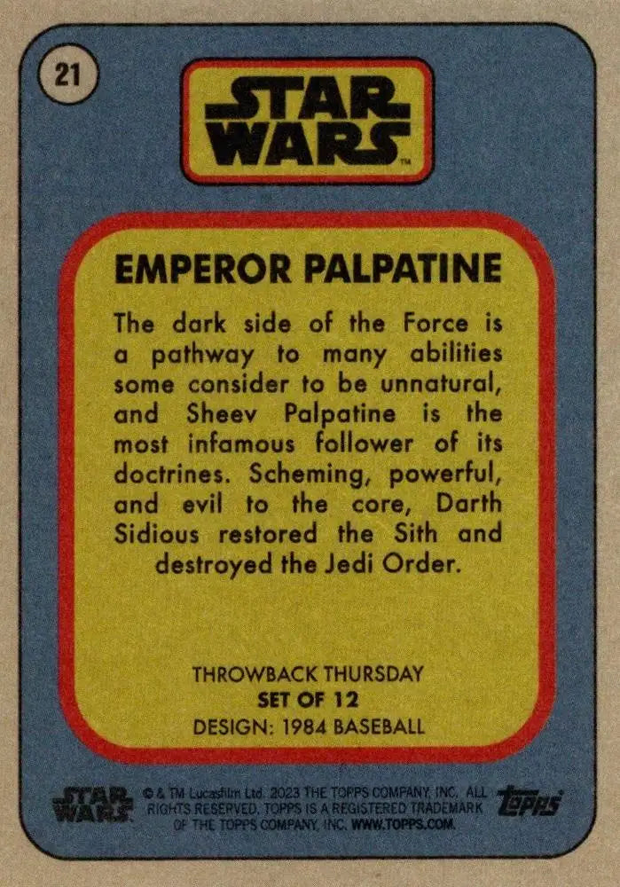 Star Wars trading card featuring Emperor Palpatine from 1984 Baseball series