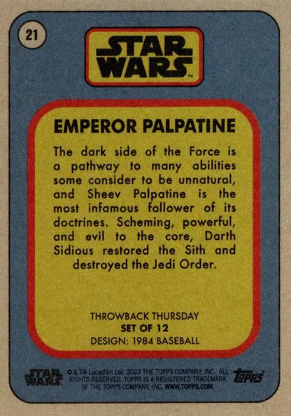 Star Wars trading card featuring Emperor Palpatine from 1984 Baseball series