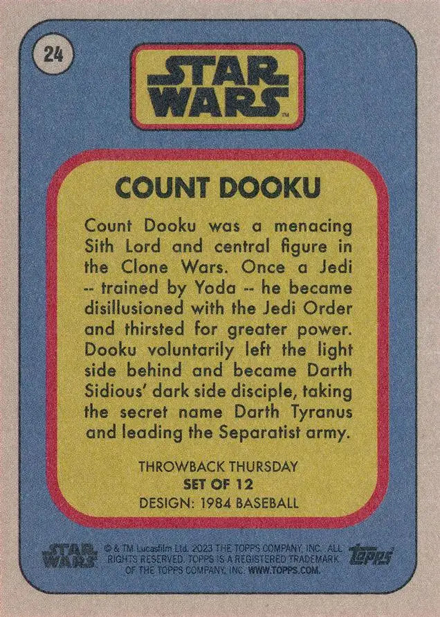 Trading card of Count Dooku from Star Wars in 1984 Baseball style design