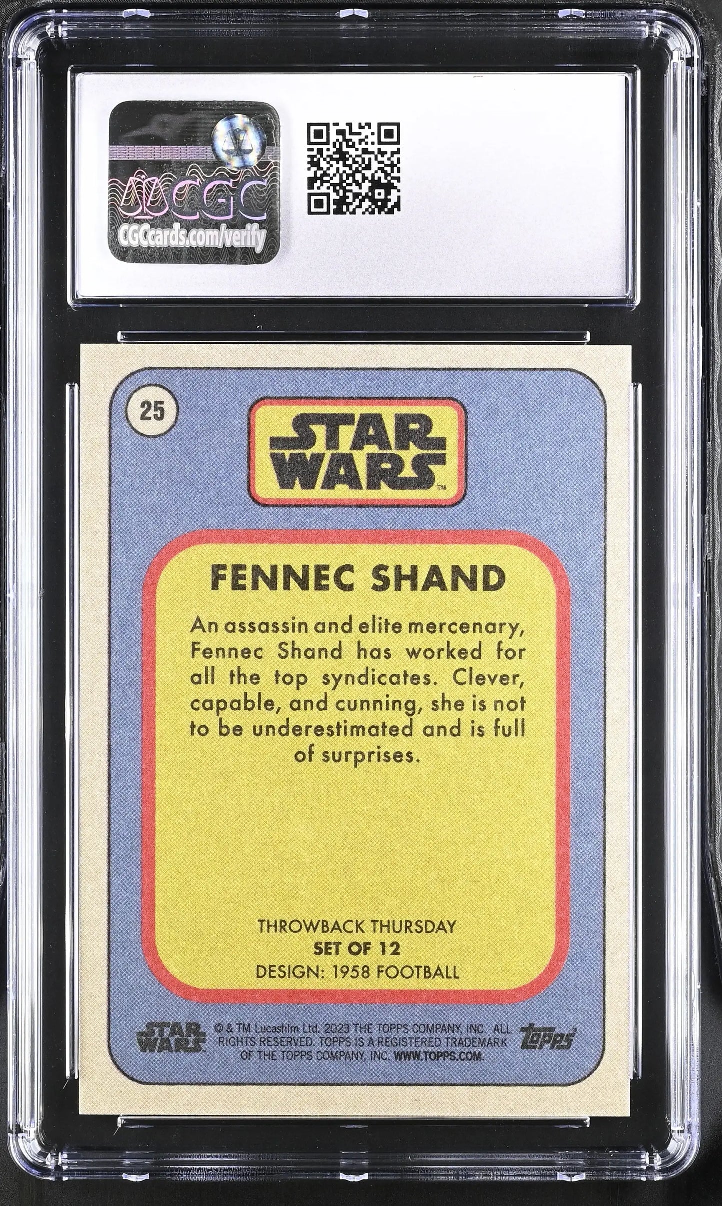 Graded Star Wars trading card featuring Fennec Shand, CGC 10 Gem Mint quality