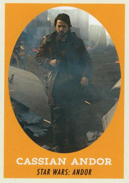 Man in dark coat navigating debris and smoke in Star Wars trading card artwork