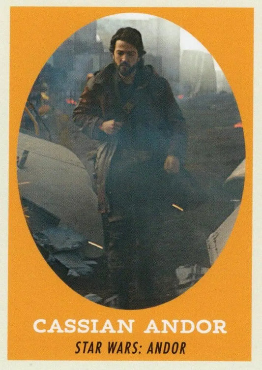Man in dark coat navigating debris and smoke in Star Wars trading card artwork