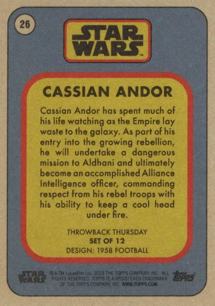 Trading card of Cassian Andor from Star Wars in Throwback Thursday series