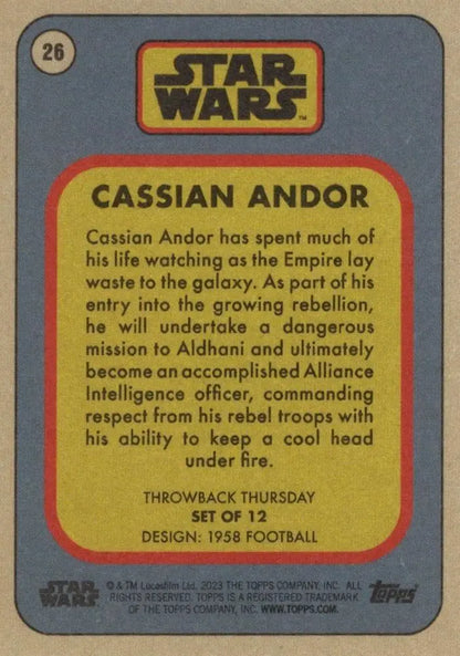 Trading card of Cassian Andor from Star Wars in Throwback Thursday series