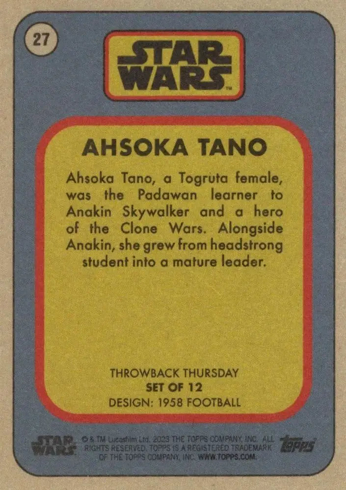 Star Wars Trading Card showcasing Ahsoka Tano from the Throwback Thursday 2023 series