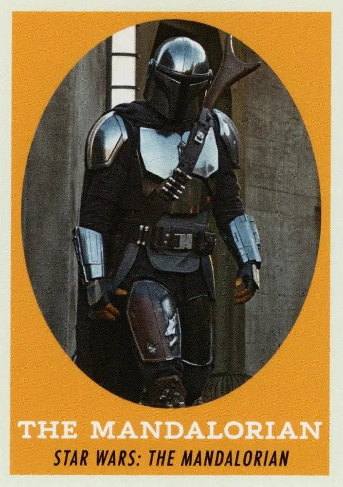 Armored figure in Mandalorian helmet and suit on Star Wars trading card design