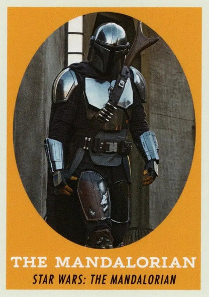 Armored figure in Mandalorian helmet and suit on Star Wars trading card design