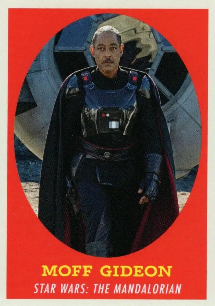 Person in dark uniform with cape in red frame on Star Wars trading card product