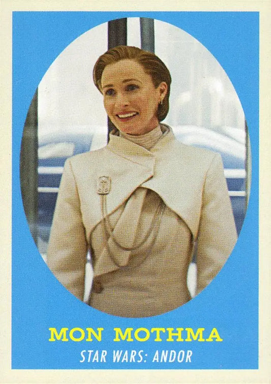 Smiling woman in elegant cream outfit inspired by Star Wars for trading cards