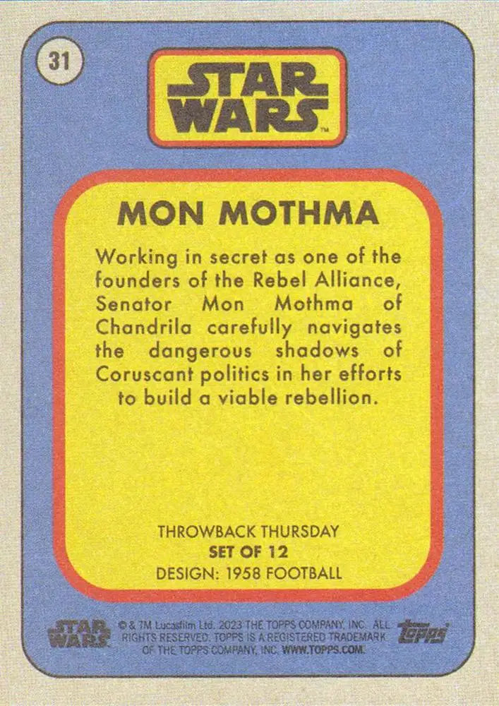 Star Wars trading card of Mon Mothma from Throwback Thursday 2023 collection