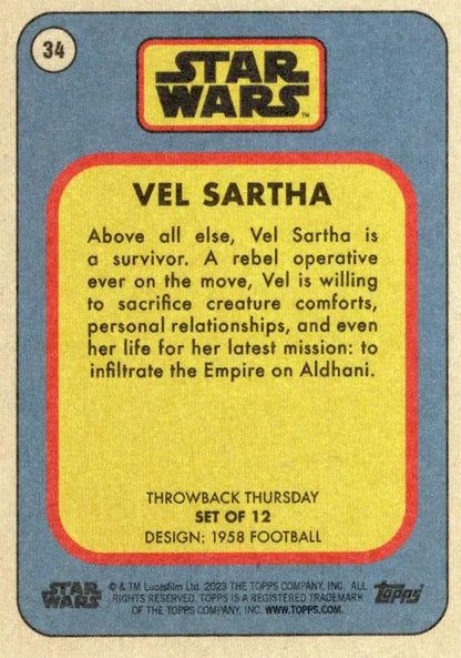 Vintage Star Wars trading card featuring Vel Sartha in 1958 football style design