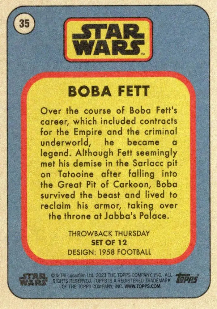 Star Wars Trading Card featuring Boba Fett from the 2023 Throwback Thursday collection